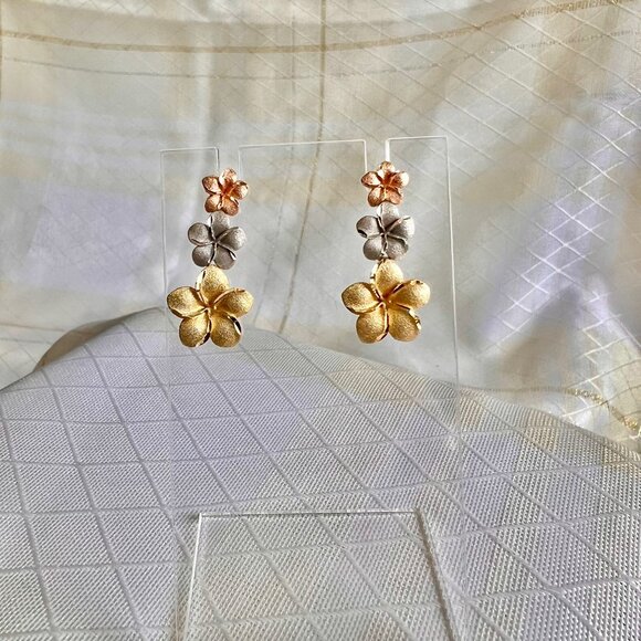 Vintage 14K Gold Floral Dangle Stud Earrings, 14K Rose, Yellow, White Gold